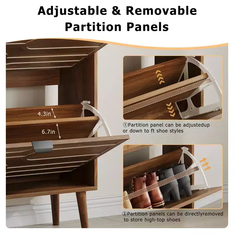 23.62-inch Mid-Century Modern Freestanding Shoe Cabinet, Railing Style with 2 Flip-Top Drawers, Ideal for Hallways and Entrances, Walnut