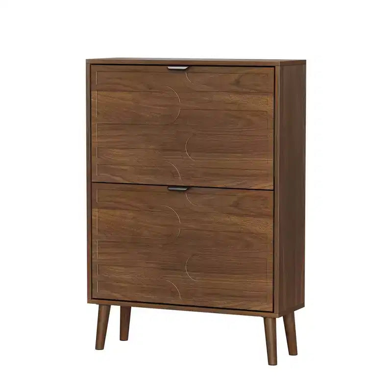 23.62-inch Mid-Century Modern Freestanding Shoe Cabinet, Railing Style with 2 Flip-Top Drawers, Ideal for Hallways and Entrances, Walnut