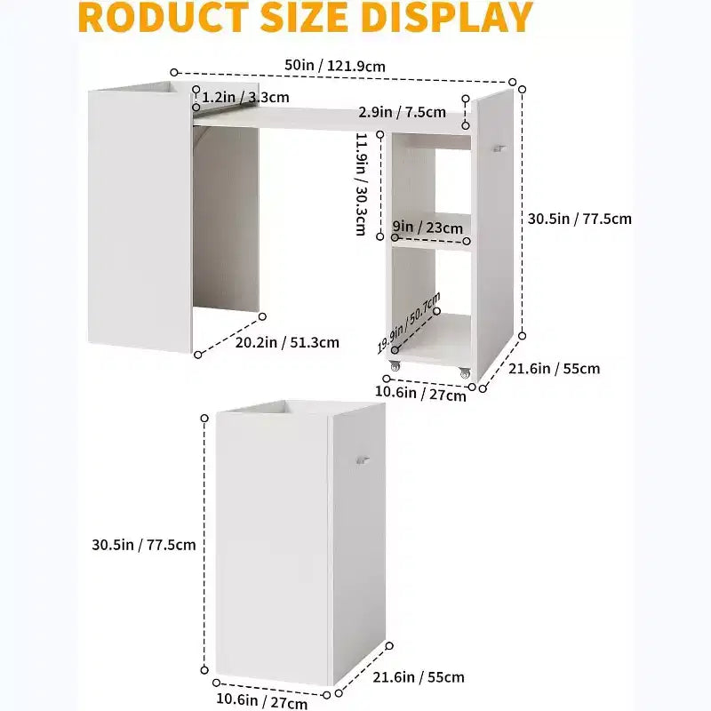 50 Folding Computer Desk with Bookshelf and Wheels, Home Office Writing Table with Storage for Bedroom or Study