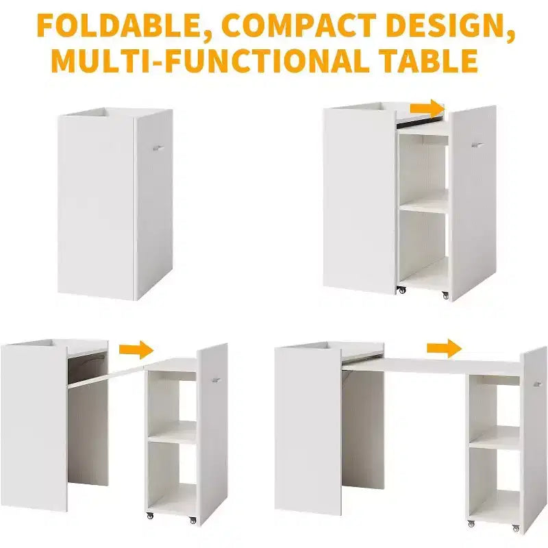 50 Folding Computer Desk with Bookshelf and Wheels, Home Office Writing Table with Storage for Bedroom or Study