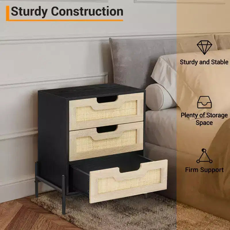 Rustic Nightstand w/ 3 Rattan Drawers. Mid- Side Table w/ Metal Legs. Black & Oak