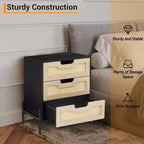 Rustic Nightstand w/ 3 Rattan Drawers. Mid- Side Table w/ Metal Legs. Black & Oak