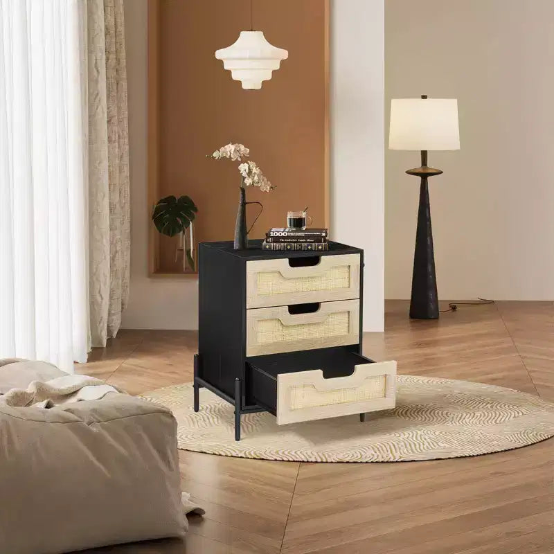 Rustic Nightstand w/ 3 Rattan Drawers. Mid- Side Table w/ Metal Legs. Black & Oak