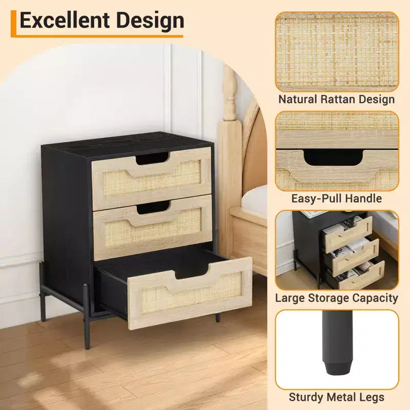 Rustic Nightstand w/ 3 Rattan Drawers. Mid- Side Table w/ Metal Legs. Black & Oak
