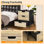 Rustic Nightstand w/ 3 Rattan Drawers. Mid- Side Table w/ Metal Legs. Black & Oak