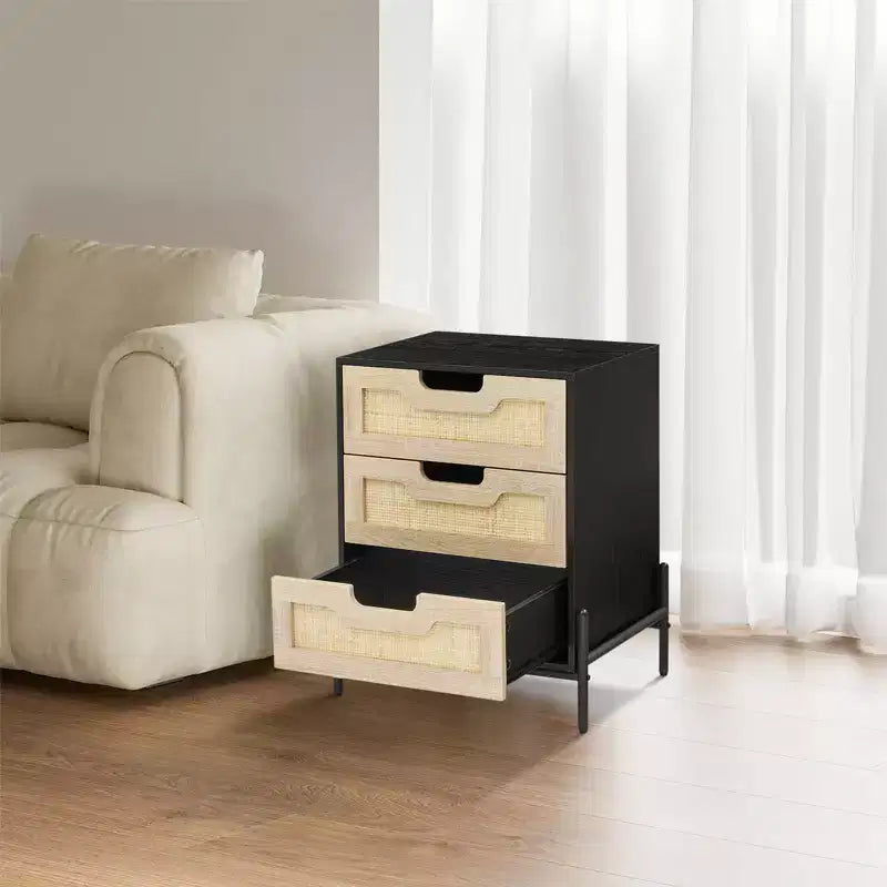 Rustic Nightstand w/ 3 Rattan Drawers. Mid- Side Table w/ Metal Legs. Black & Oak