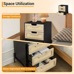 Rustic Nightstand w/ 3 Rattan Drawers. Mid- Side Table w/ Metal Legs. Black & Oak