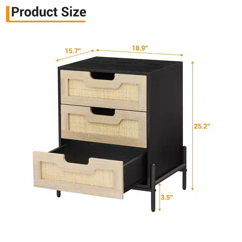 Rustic Nightstand w/ 3 Rattan Drawers. Mid- Side Table w/ Metal Legs. Black & Oak