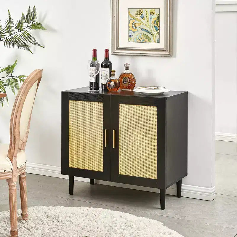 Sideboard with Natural Rattan Door Panels and Adjustable Shelves for Bedrooms and Living Rooms Black