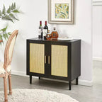 Sideboard with Natural Rattan Door Panels and Adjustable Shelves for Bedrooms and Living Rooms Black