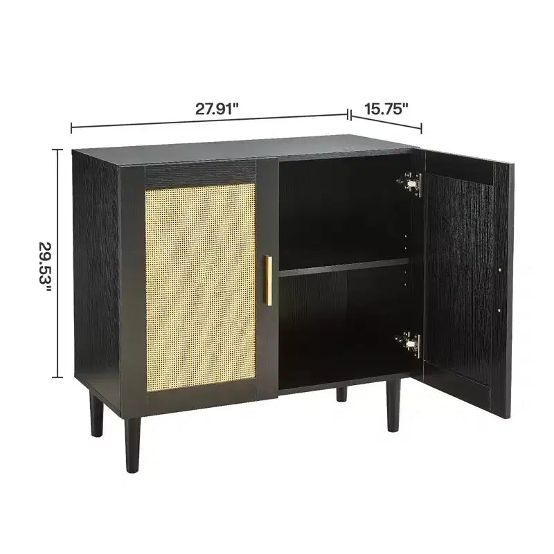Sideboard with Natural Rattan Door Panels and Adjustable Shelves for Bedrooms and Living Rooms Black