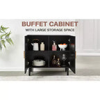 Sideboard with Natural Rattan Door Panels and Adjustable Shelves for Bedrooms and Living Rooms Black