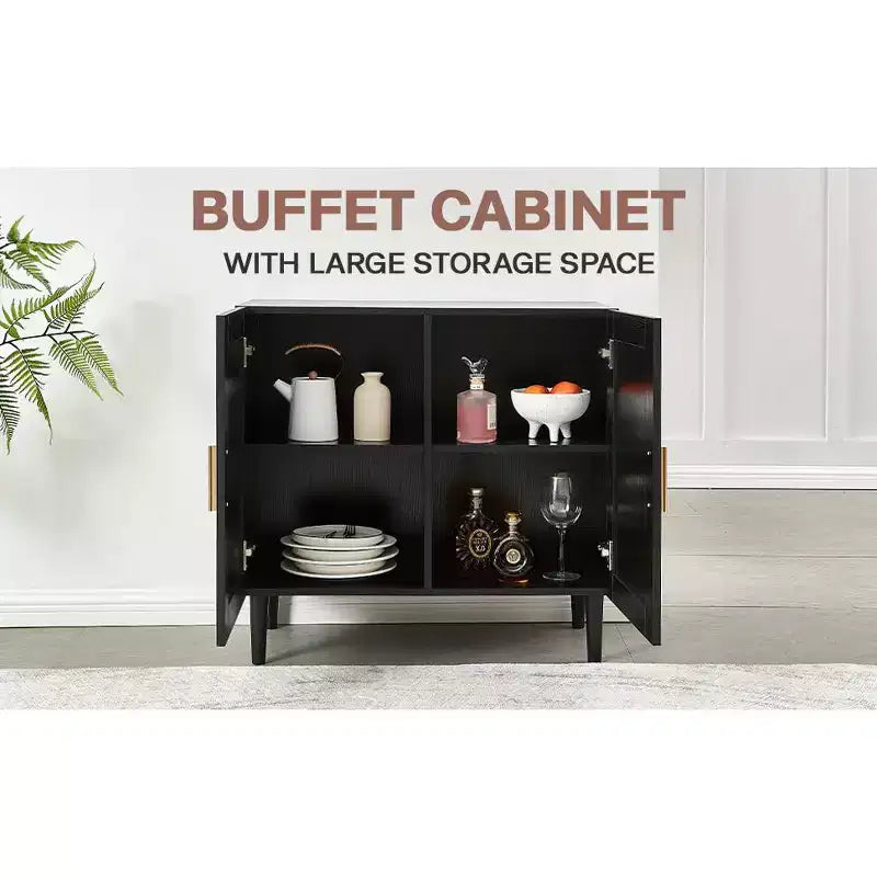 Sideboard with Natural Rattan Door Panels and Adjustable Shelves for Bedrooms and Living Rooms Black