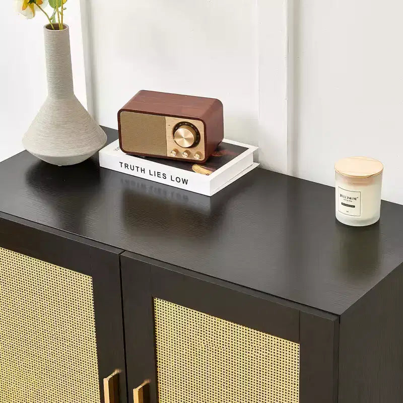 Sideboard with Natural Rattan Door Panels and Adjustable Shelves for Bedrooms and Living Rooms Black