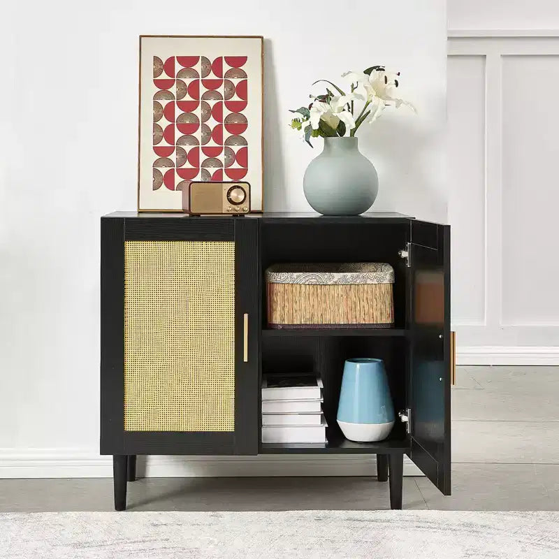 Sideboard with Natural Rattan Door Panels and Adjustable Shelves for Bedrooms and Living Rooms Black