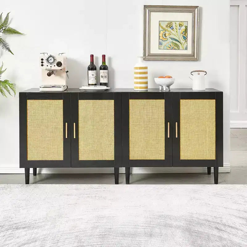 Sideboard with Natural Rattan Door Panels and Adjustable Shelves for Bedrooms and Living Rooms Black