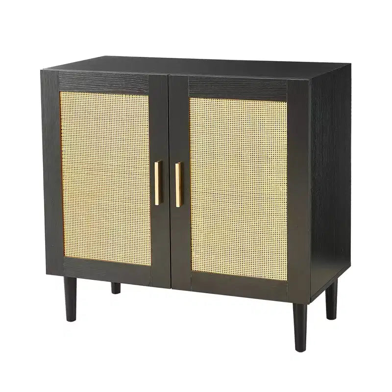 Sideboard with Natural Rattan Door Panels and Adjustable Shelves for Bedrooms and Living Rooms Black