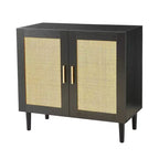Sideboard with Natural Rattan Door Panels and Adjustable Shelves for Bedrooms and Living Rooms Black