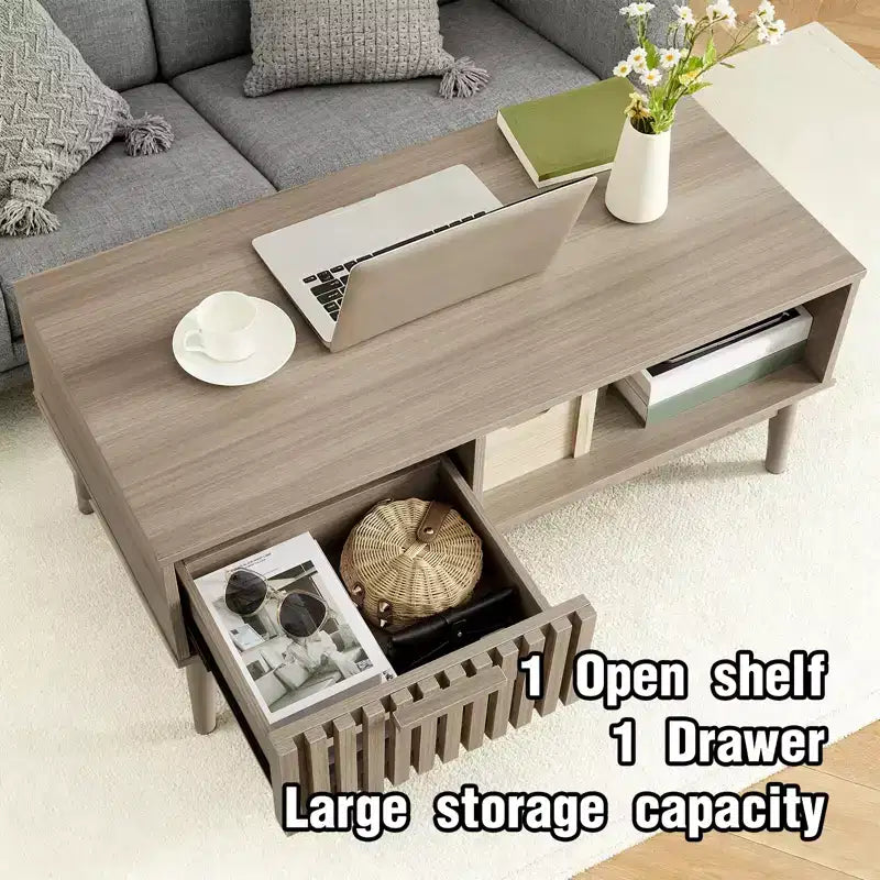 Coffee Table,39.4  Center Table with Storage Drawer, Open Shelf,Rectangle Coffee Table with Wooden Legs for Living Room,Easy Assembly