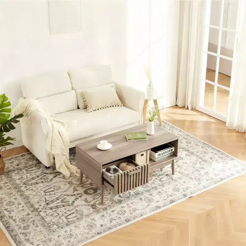 Coffee Table,39.4  Center Table with Storage Drawer, Open Shelf,Rectangle Coffee Table with Wooden Legs for Living Room,Easy Assembly