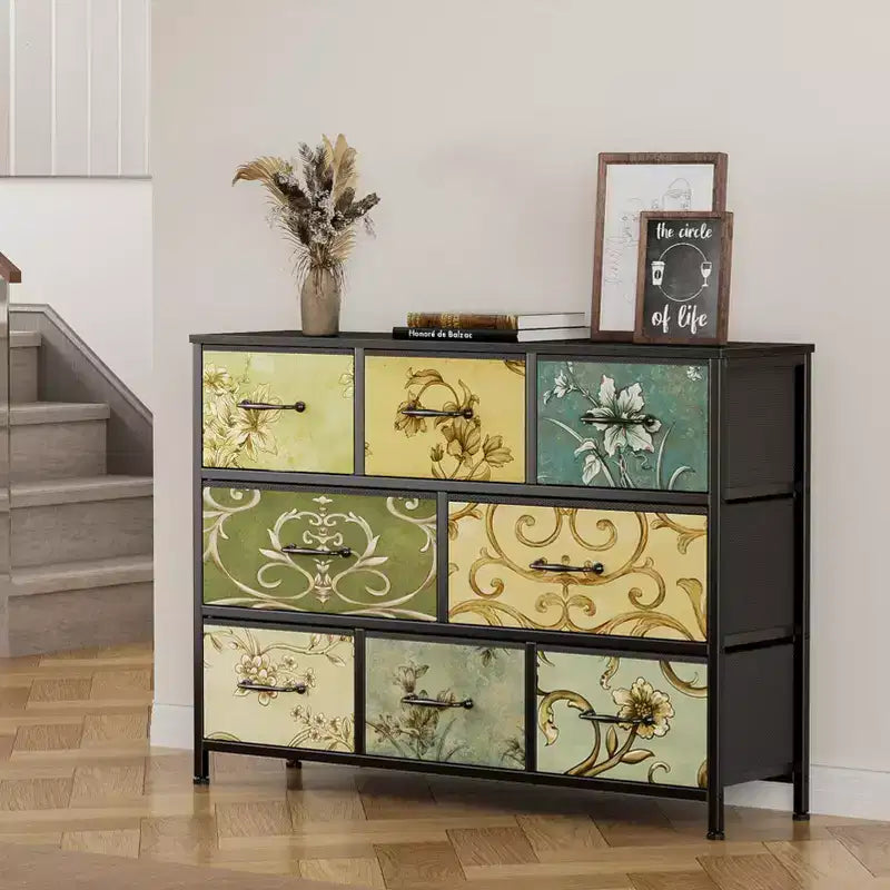 Wide 8 Drawer Dresser Fabric Storage Chest Rustic Wood Top Industrial Metal Frame Large Organizer Unit Bedroom Living Room Closet