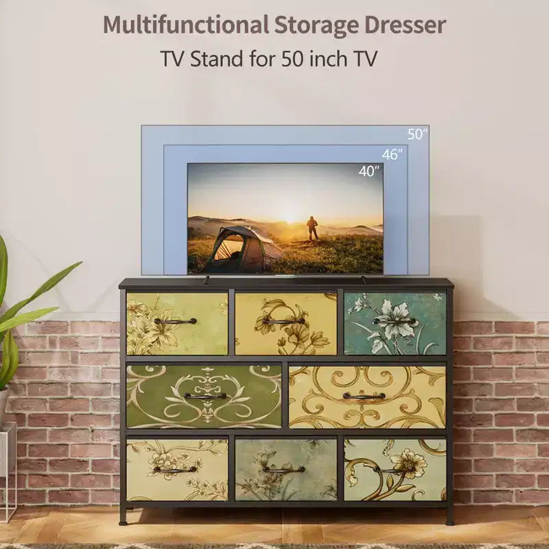 Wide 8 Drawer Dresser Fabric Storage Chest Rustic Wood Top Industrial Metal Frame Large Organizer Unit Bedroom Living Room Closet
