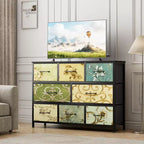 Wide 8 Drawer Dresser Fabric Storage Chest Rustic Wood Top Industrial Metal Frame Large Organizer Unit Bedroom Living Room Closet
