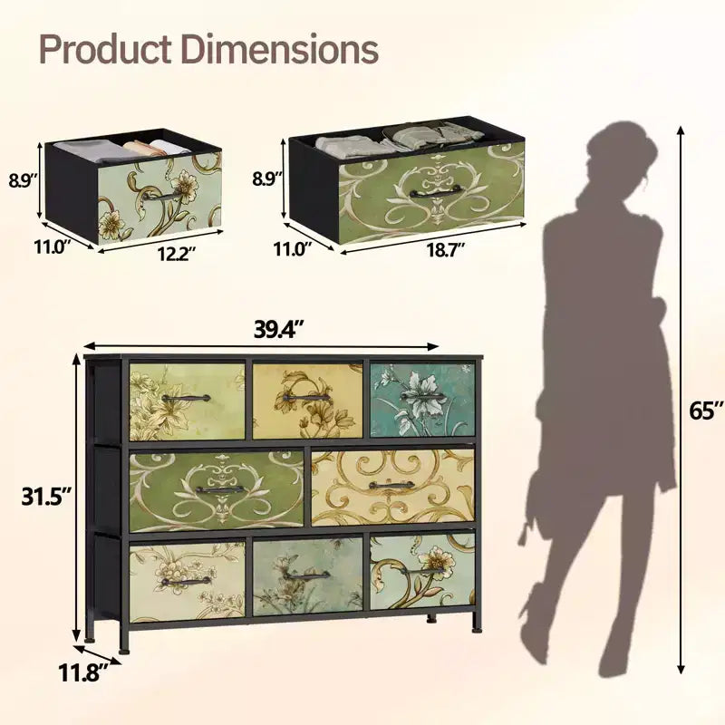 Wide 8 Drawer Dresser Fabric Storage Chest Rustic Wood Top Industrial Metal Frame Large Organizer Unit Bedroom Living Room Closet