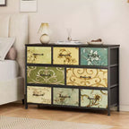 Wide 8 Drawer Dresser Fabric Storage Chest Rustic Wood Top Industrial Metal Frame Large Organizer Unit Bedroom Living Room Closet