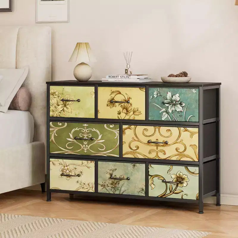 Wide 8 Drawer Dresser Fabric Storage Chest Rustic Wood Top Industrial Metal Frame Large Organizer Unit Bedroom Living Room Closet