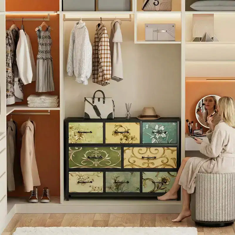 Wide 8 Drawer Dresser Fabric Storage Chest Rustic Wood Top Industrial Metal Frame Large Organizer Unit Bedroom Living Room Closet