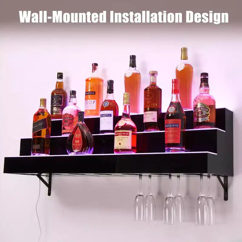 LED Lighted 3-Tier 48 Inch Liquor Bottle Display Shelf, 16 Colors 4 Modes, Remote & App Control, Wall-Mounted Acrylic Bar Shelf for Home/Kitchen