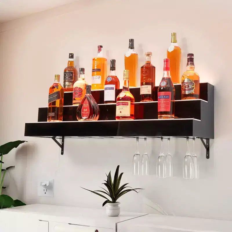 LED Lighted 3-Tier 48 Inch Liquor Bottle Display Shelf, 16 Colors 4 Modes, Remote & App Control, Wall-Mounted Acrylic Bar Shelf for Home/Kitchen