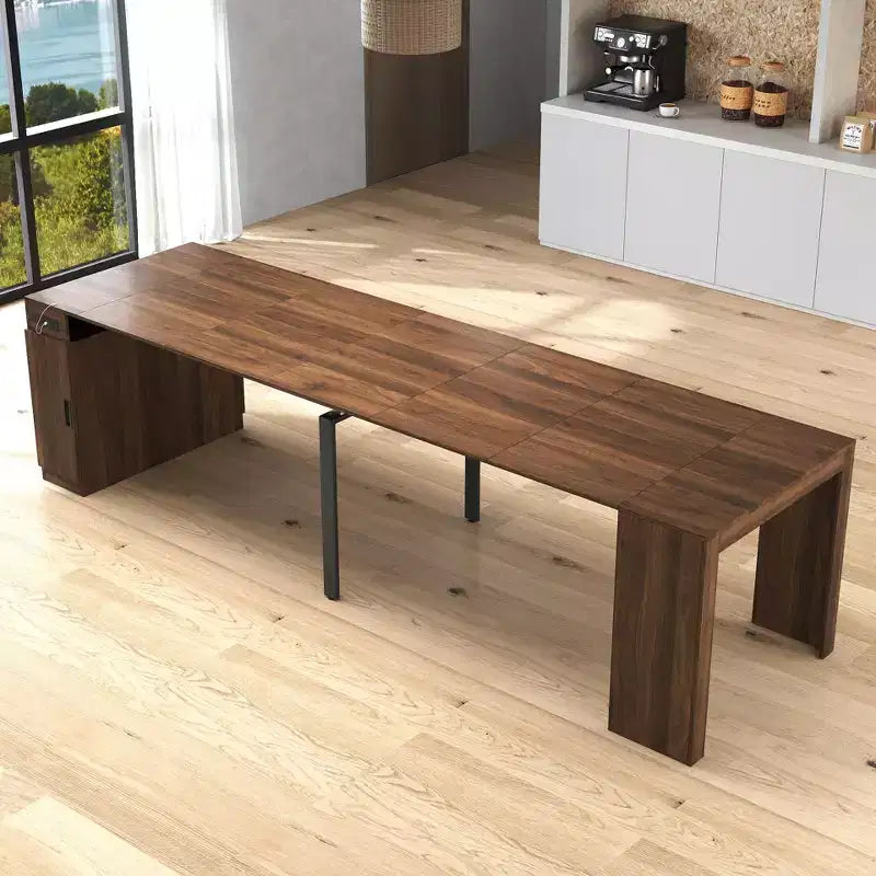 Extendable Dining Table for 6-8 People with Storage, Wooden Console Table with Outlet, Space-saving Expanding Table for Living Room, Party