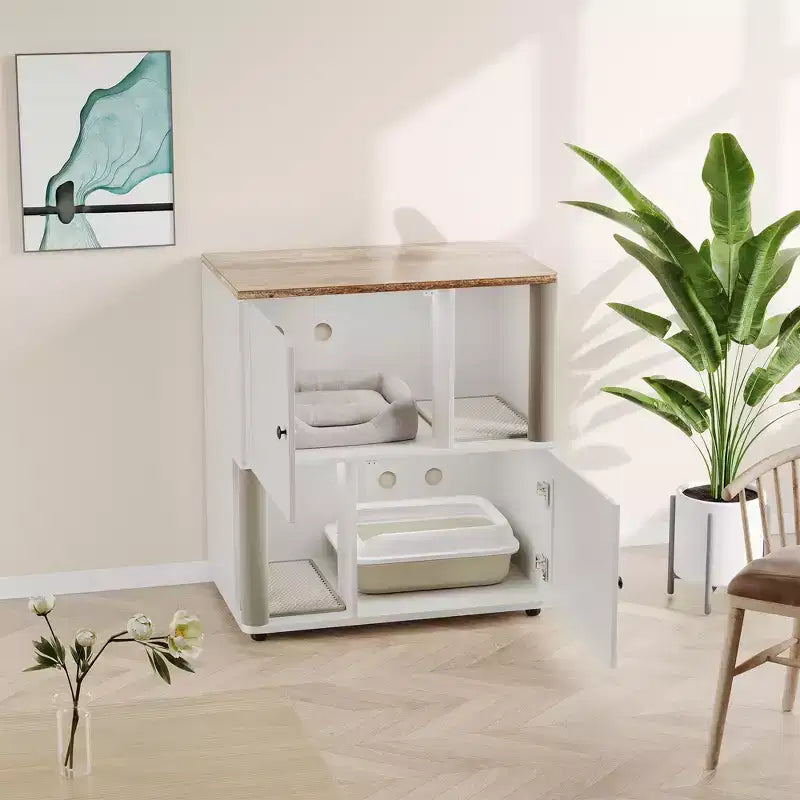 Modern Wooden Double Cat Litter Box Enclosure with Scratching Posts & Hidden Storage, Indoor Pet House End Table for 2 Cats