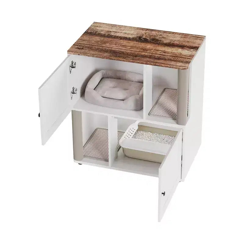 Modern Wooden Double Cat Litter Box Enclosure with Scratching Posts & Hidden Storage, Indoor Pet House End Table for 2 Cats