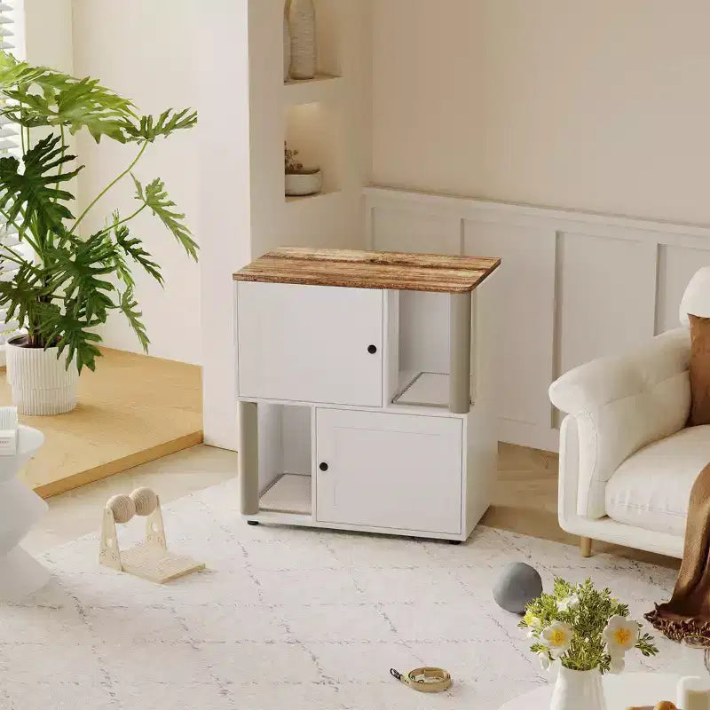 Modern Wooden Double Cat Litter Box Enclosure with Scratching Posts & Hidden Storage, Indoor Pet House End Table for 2 Cats
