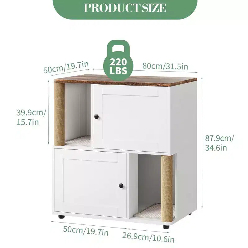 Modern Wooden Double Cat Litter Box Enclosure with Scratching Posts & Hidden Storage, Indoor Pet House End Table for 2 Cats