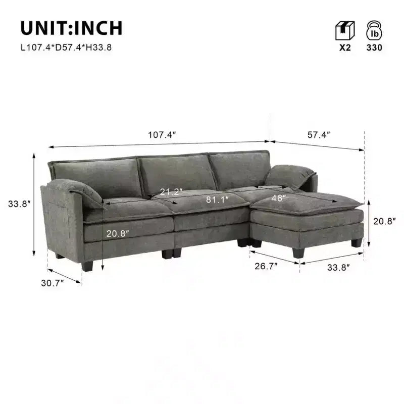 Mid-Century Modern 3-Seater Cloud Sofa with Double-Layer Cushions, Comfortable Upholstered Couch for Living Room, Bedroom-Panipeachy