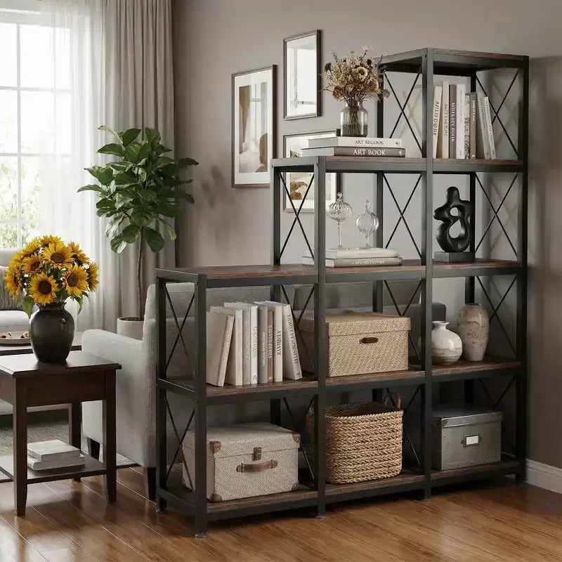 9-Cube Stepped Corner Bookcase, Staircase-Style L-Shaped Etagere Shelves