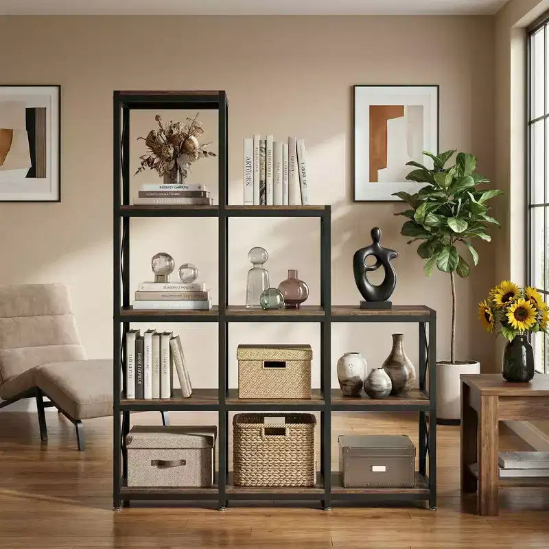 9-Cube Stepped Corner Bookcase, Staircase-Style L-Shaped Etagere Shelves