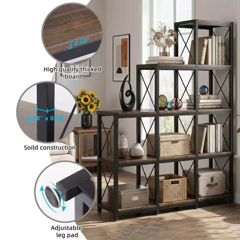 9-Cube Stepped Corner Bookcase, Staircase-Style L-Shaped Etagere Shelves