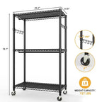 3-Tier Rolling Garment Rack - Heavy Duty Metal Clothes Organizer w/ Dual Rods & Shelves