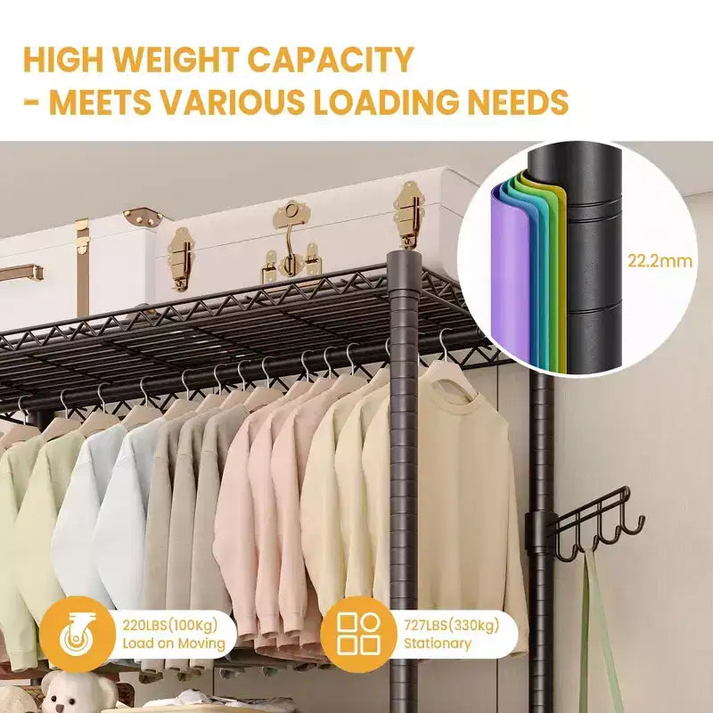 3-Tier Rolling Garment Rack - Heavy Duty Metal Clothes Organizer w/ Dual Rods & Shelves