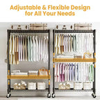3-Tier Rolling Garment Rack - Heavy Duty Metal Clothes Organizer w/ Dual Rods & Shelves