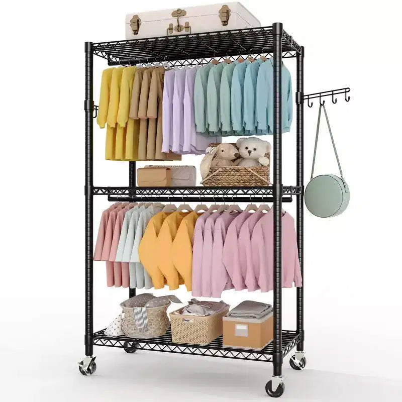 3-Tier Rolling Garment Rack - Heavy Duty Metal Clothes Organizer w/ Dual Rods & Shelves