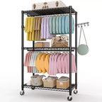 3-Tier Rolling Garment Rack - Heavy Duty Metal Clothes Organizer w/ Dual Rods & Shelves