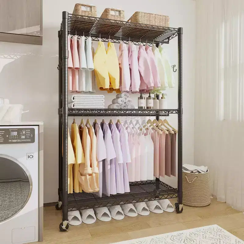 3-Tier Rolling Garment Rack - Heavy Duty Metal Clothes Organizer w/ Dual Rods & Shelves