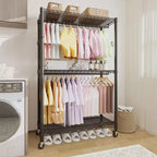 3-Tier Rolling Garment Rack - Heavy Duty Metal Clothes Organizer w/ Dual Rods & Shelves
