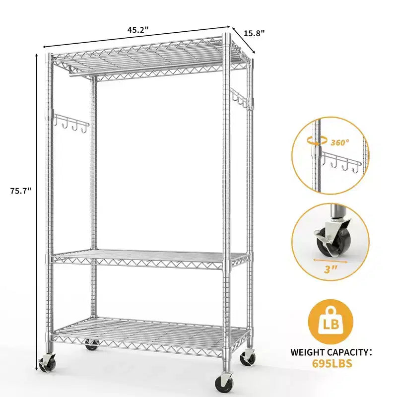 3-Tier Rolling Garment Rack - Heavy Duty Metal Clothes Organizer w/ Dual Rods & Shelves